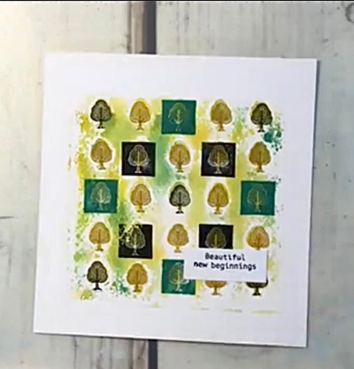 Card with tree design and text on a white background