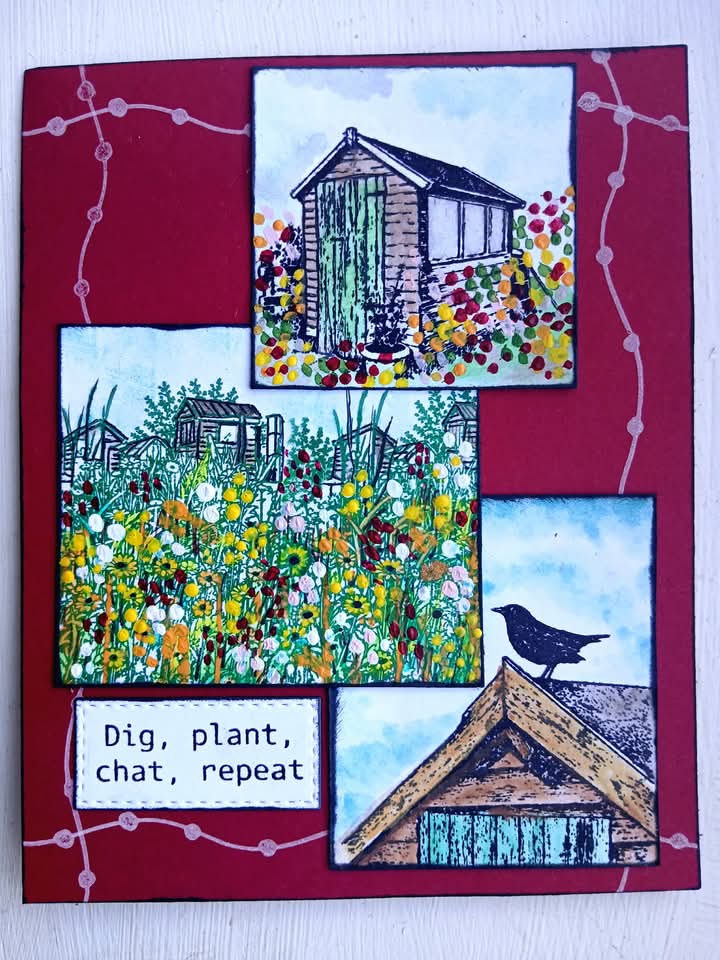 A handmade greeting card featuring three square garden-themed illustrations on a dark red background with decorative white dotted vine lines. The illustrations depict a green shed, a flower garden, and a black bird on a roof, with the text 'Dig, plant, chat, repeat' in a white box at the bottom left.