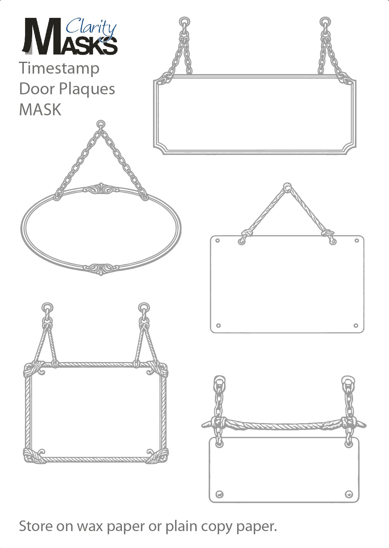 Designs of door plaques with chains on a white background, featuring Clarity Masks branding.
