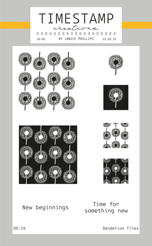 Design of dandelion tiles with text and branding on a light gray background
