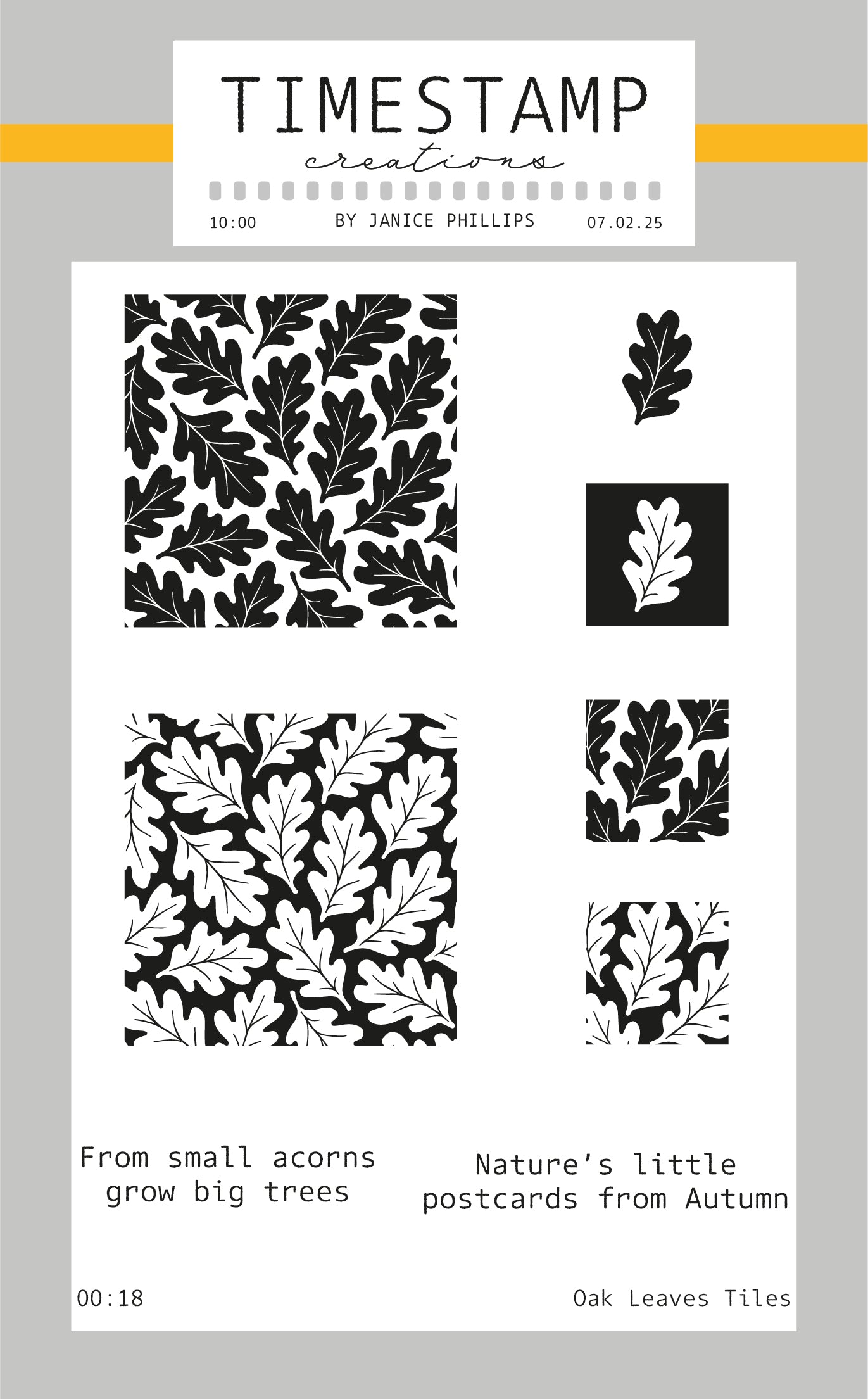 Set of leaf-themed stamps with black and white designs on a light gray background, featuring 'Timestamp Creations' branding.