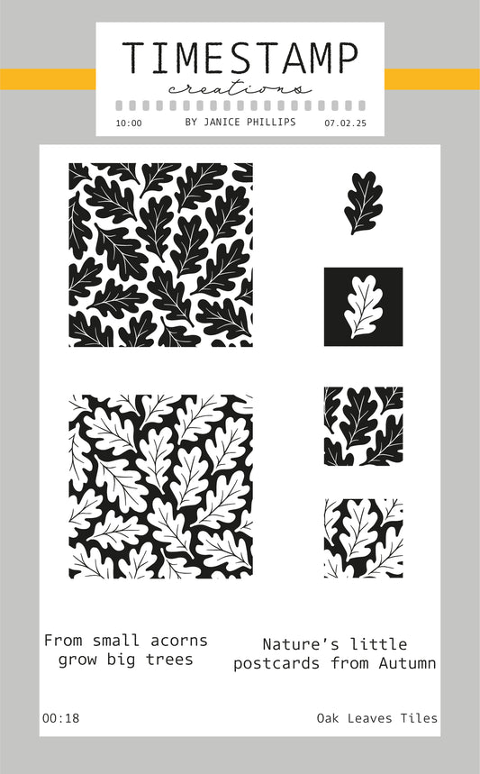 Set of leaf-themed stamps with black and white designs on a light gray background, featuring 'Timestamp Creations' branding.