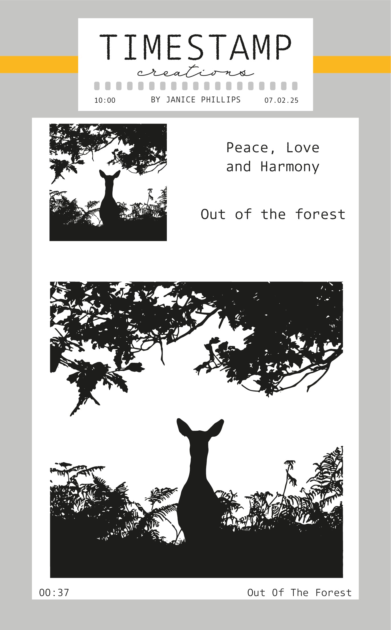 Silhouette of a deer in a forest with 'Peace, Love and Harmony Out of the Forest' text.