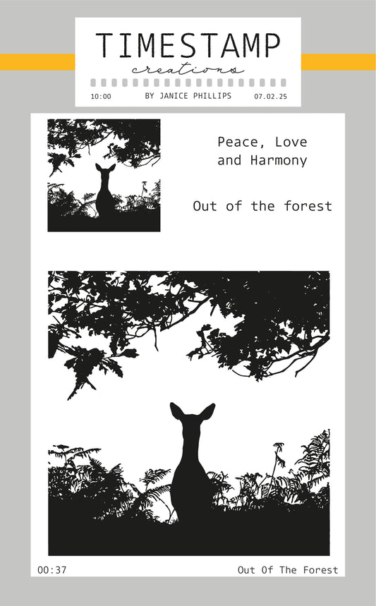 Silhouette of a deer in a forest with 'Peace, Love and Harmony Out of the Forest' text.