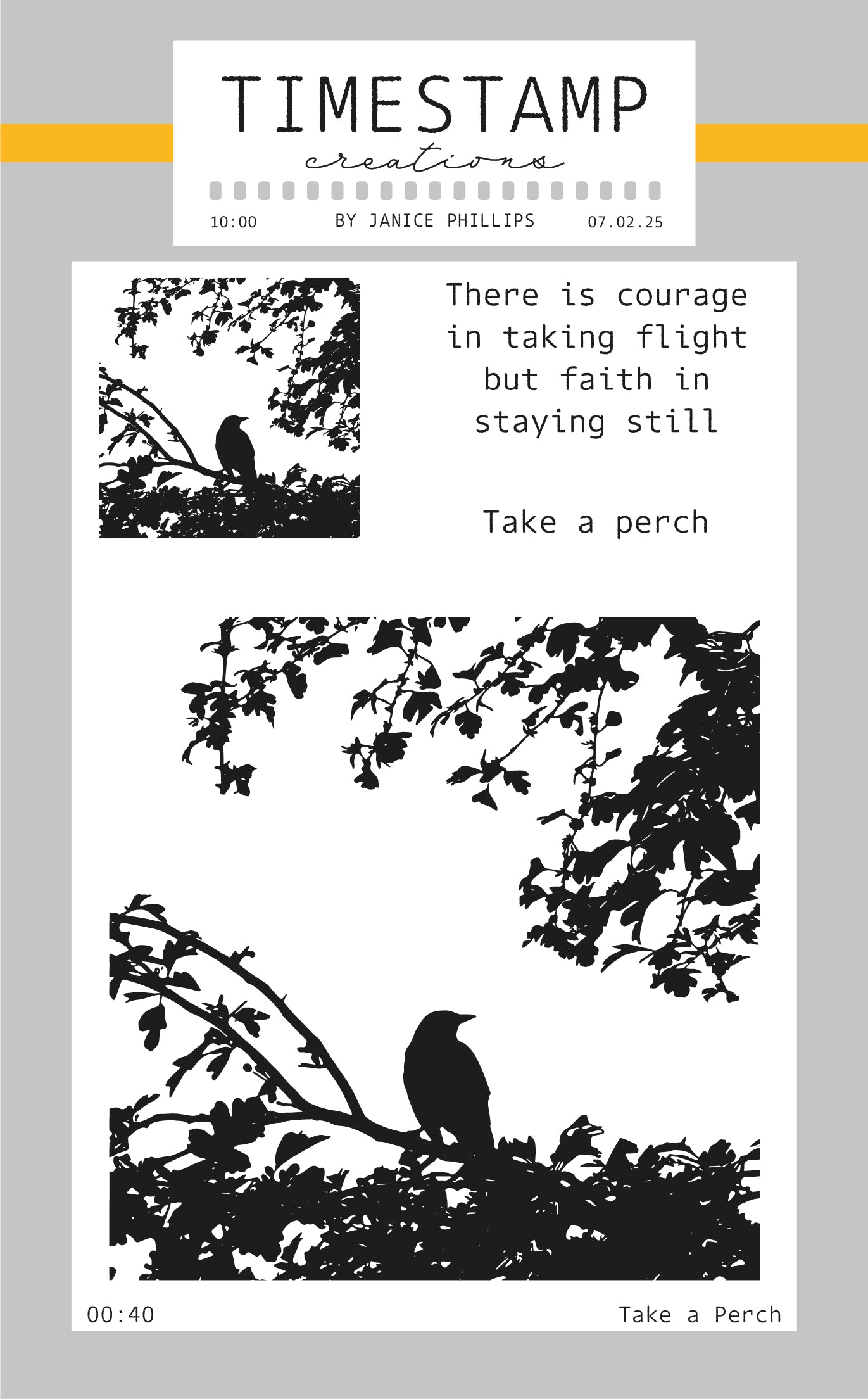 Silhouette of a bird on a branch with text overlay on a light gray background