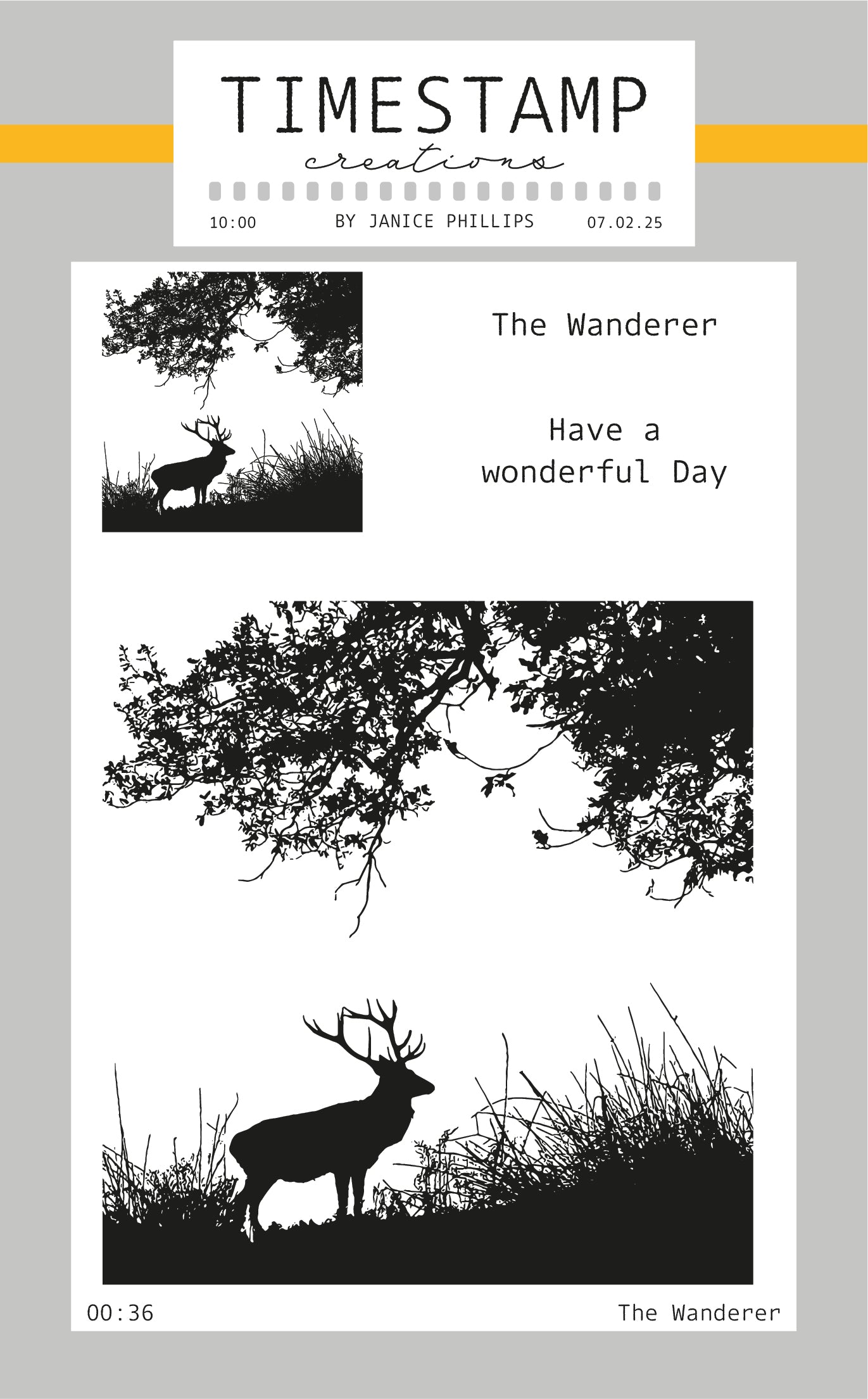 Silhouettes of deer and trees with text 'The Wanderer' and 'Have a wonderful Day' on a light gray background.