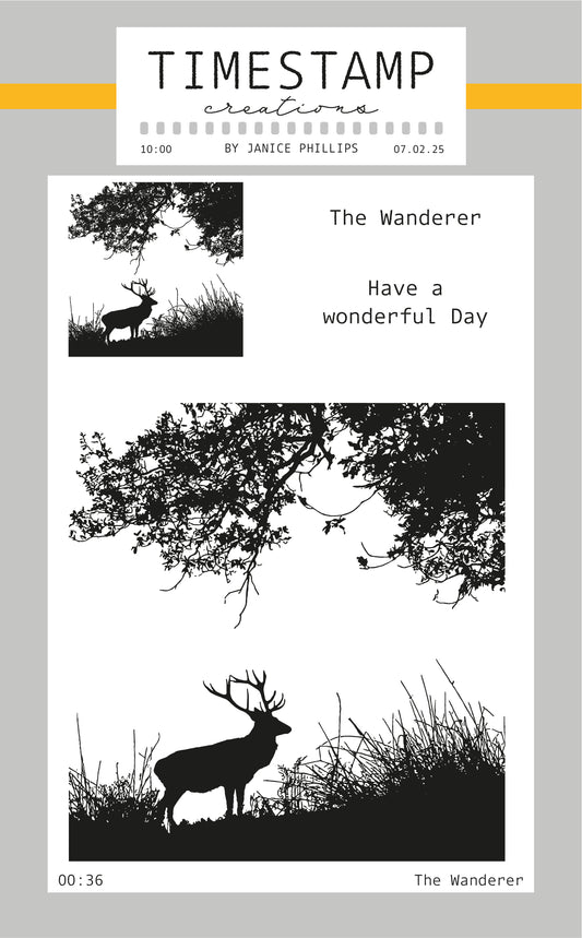 Silhouettes of deer and trees with text 'The Wanderer' and 'Have a wonderful Day' on a light gray background.