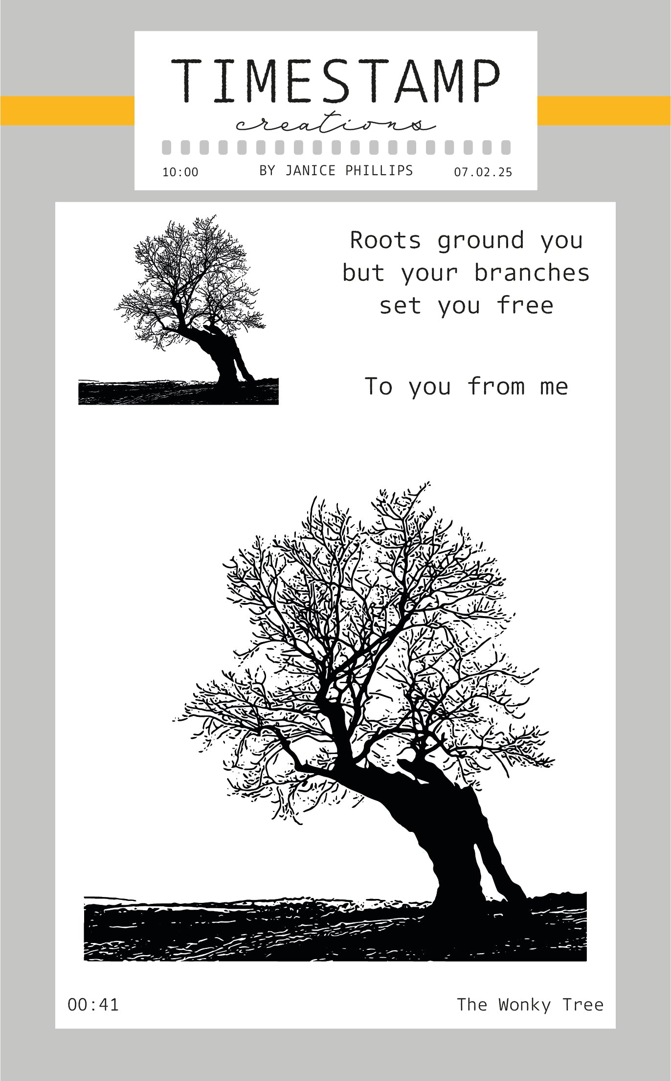 Silhouette of a tree with a quote on a light gray background, featuring 'Timestamp Creations' branding.