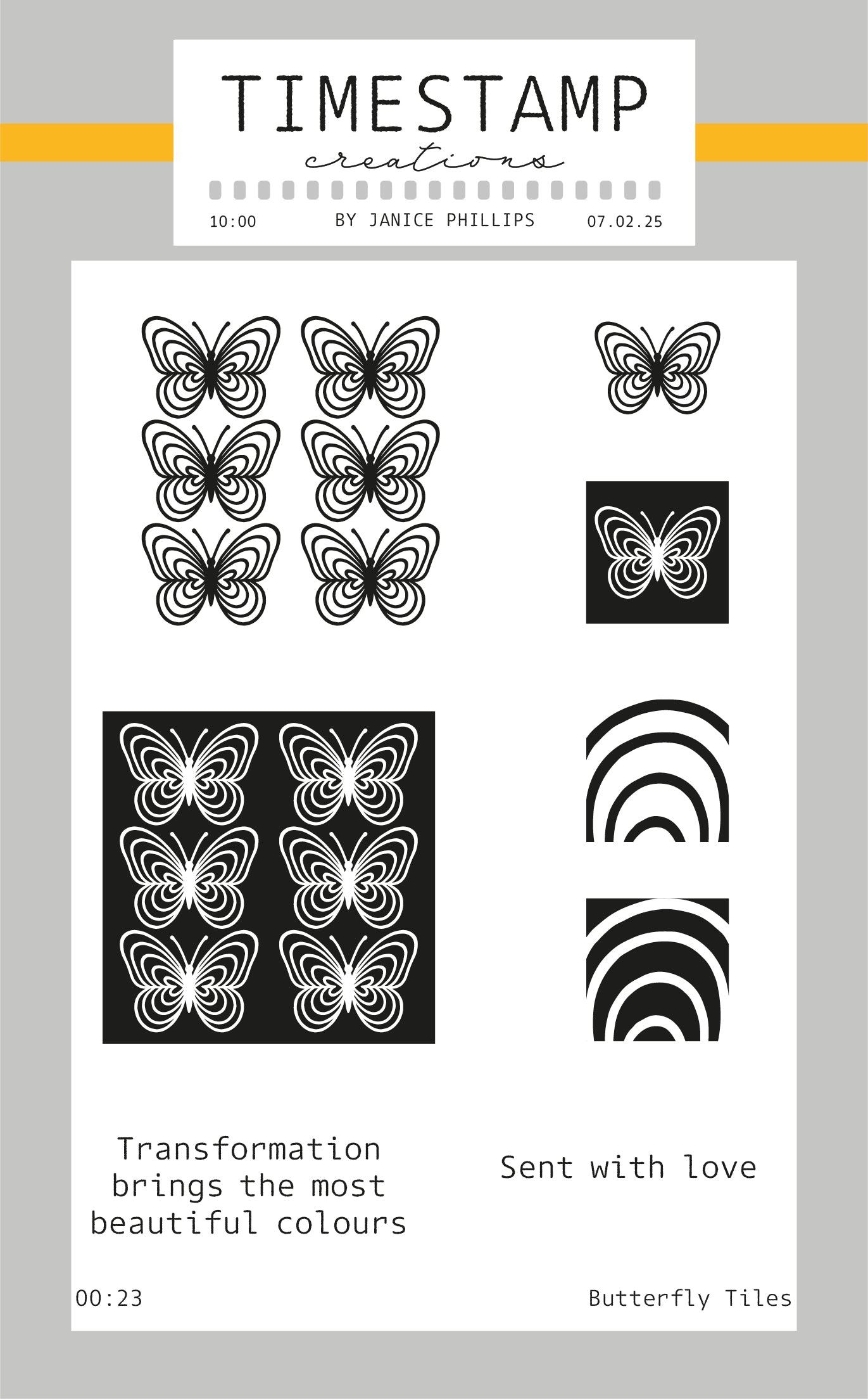 Butterfly-themed clear stamp set by Janice Phillips with timestamps and text on a light gray background.