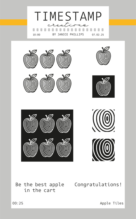 Set of apple-themed stamps with circular patterns on a light gray background.