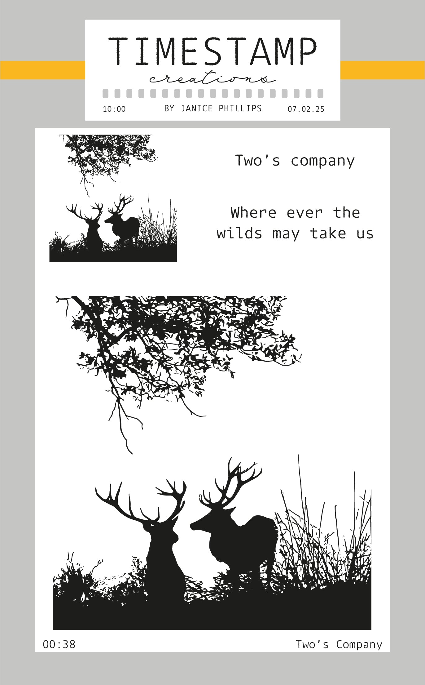 Silhouettes of deer and trees with text on a light gray background