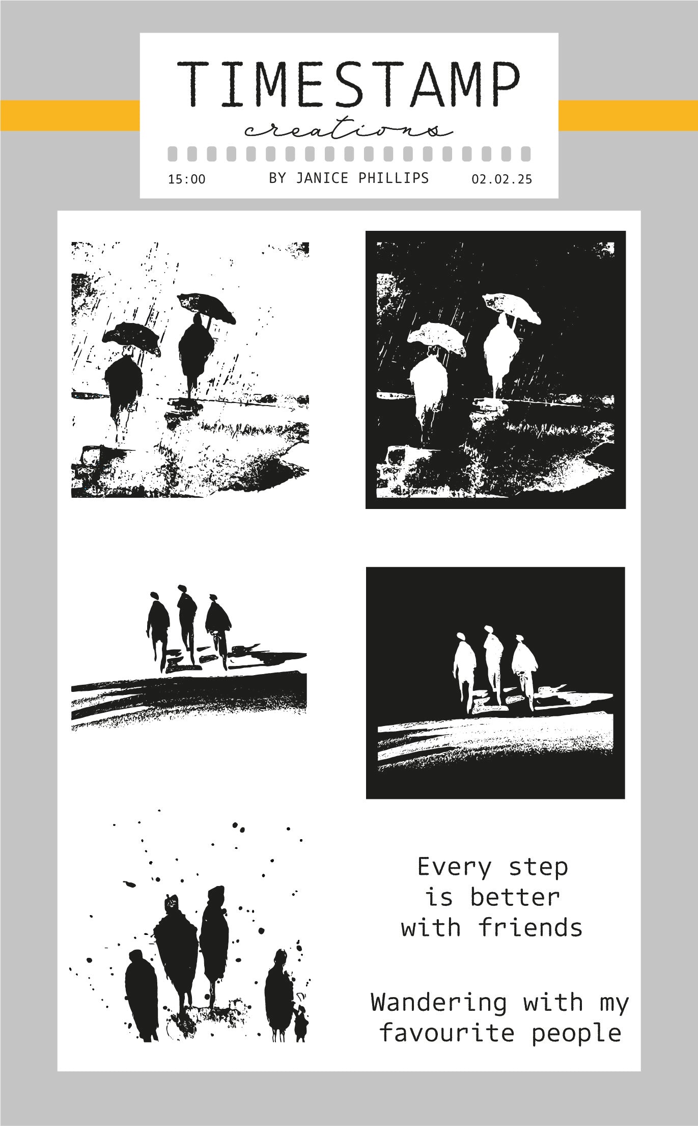 A6 Clear Stamp set for crafting featuring original art  of people walking in the rain and together by Janice Phillips