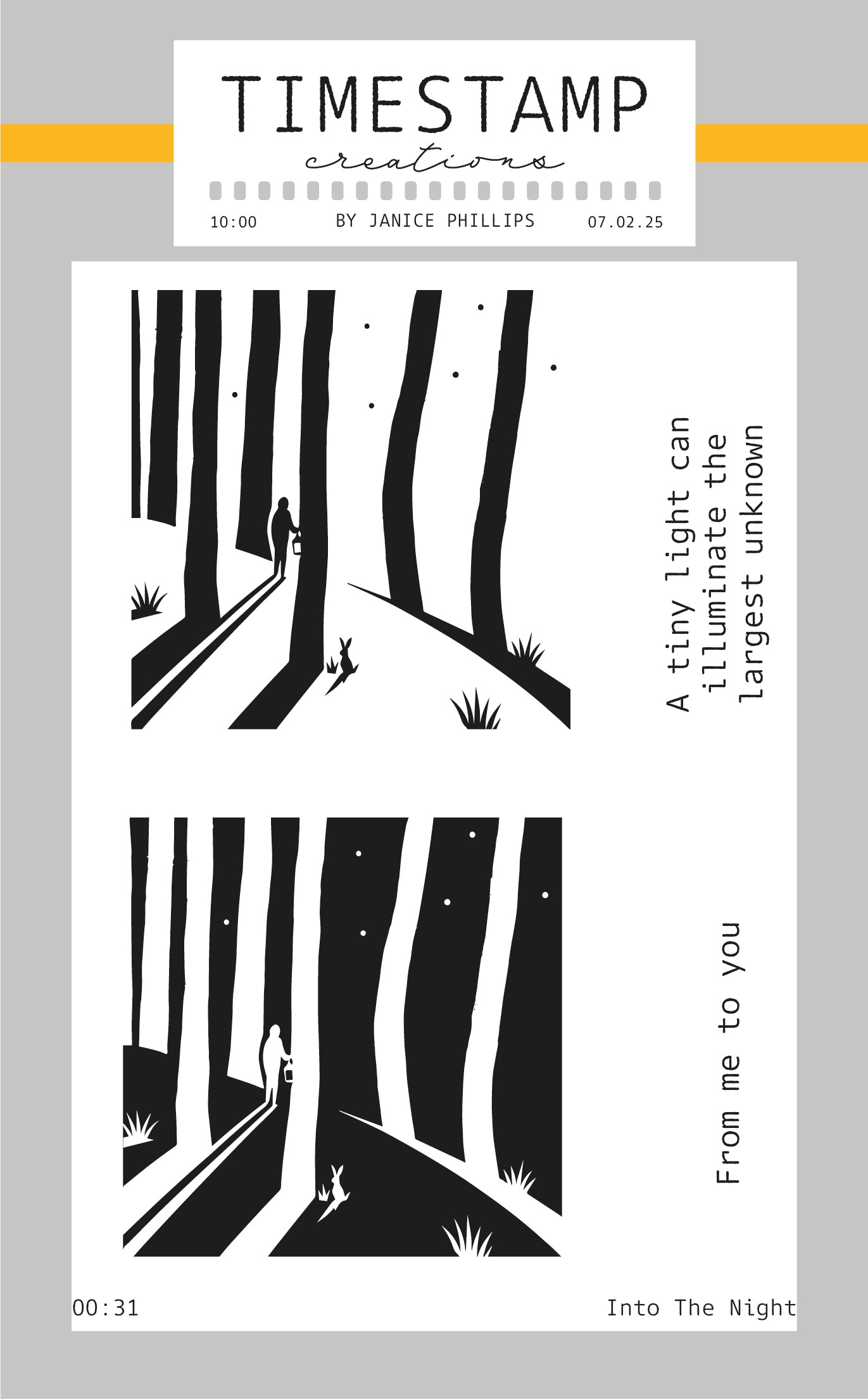 Design with trees and people walking, featuring 'Timestamp Creations' branding.