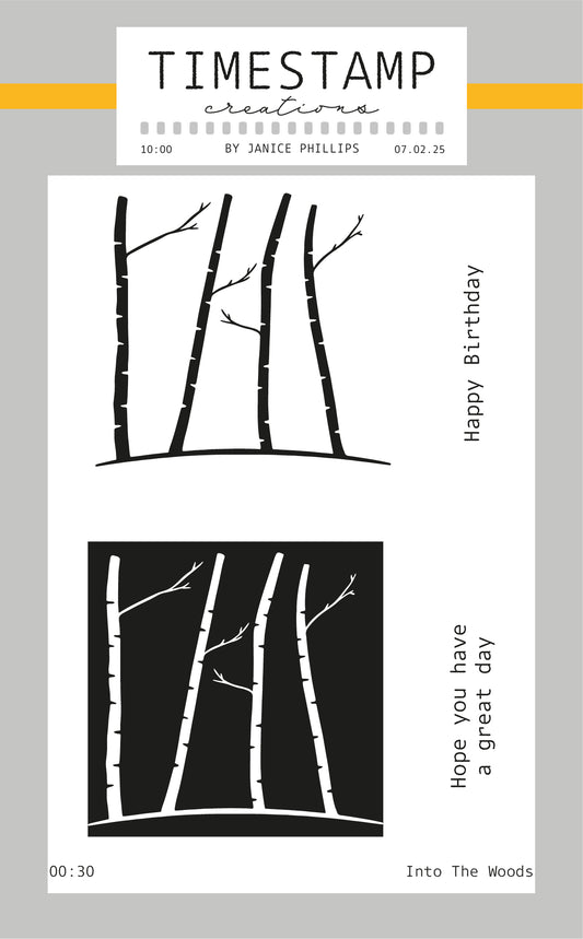 Design with black tree branches and text on a gray background, featuring 'Timestamp Creations' branding.