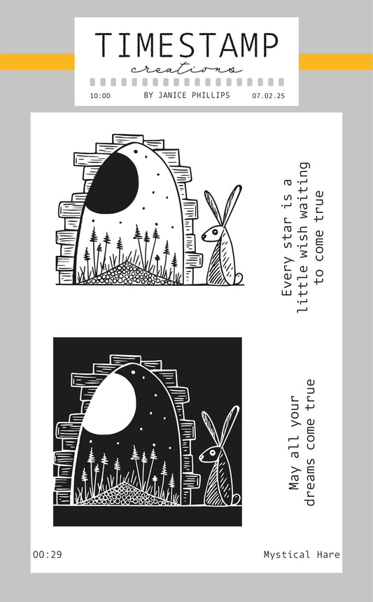 Illustrations of a rabbit and moon with text on a light gray background, featuring 'Timestamp Creations' branding.