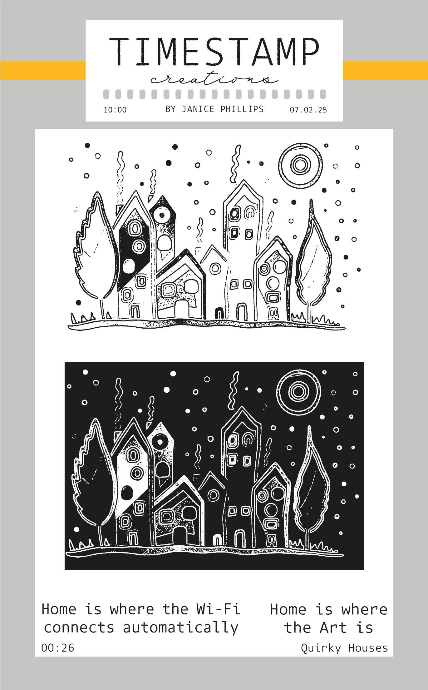 Illustration of houses with text 'Home is where the Wi-Fi connects automatically' and 'Home is where the Art is' on a light gray background.