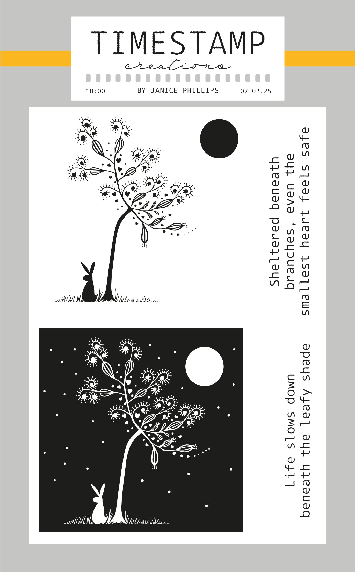 Artistic design with trees, rabbits, and text on a light gray background
