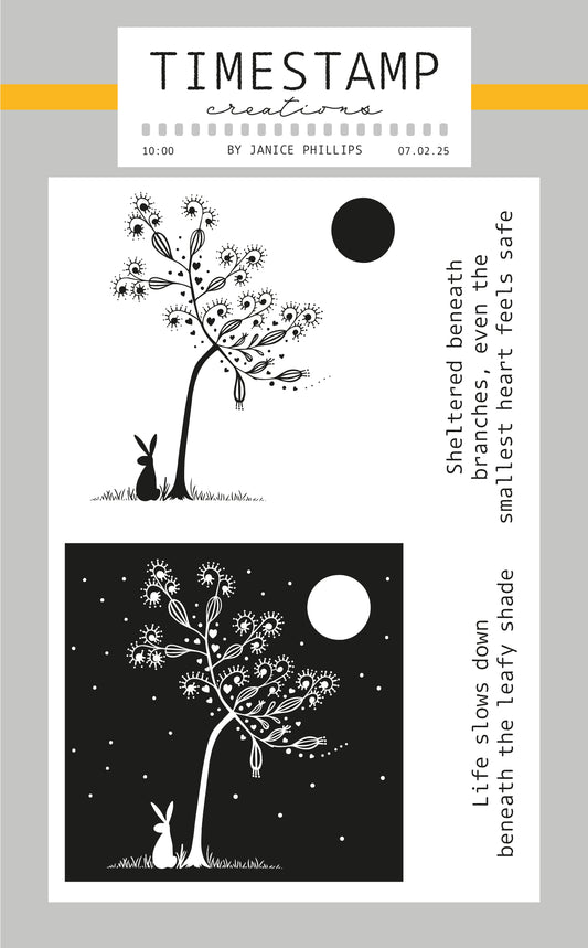 Artistic design with trees, rabbits, and text on a light gray background