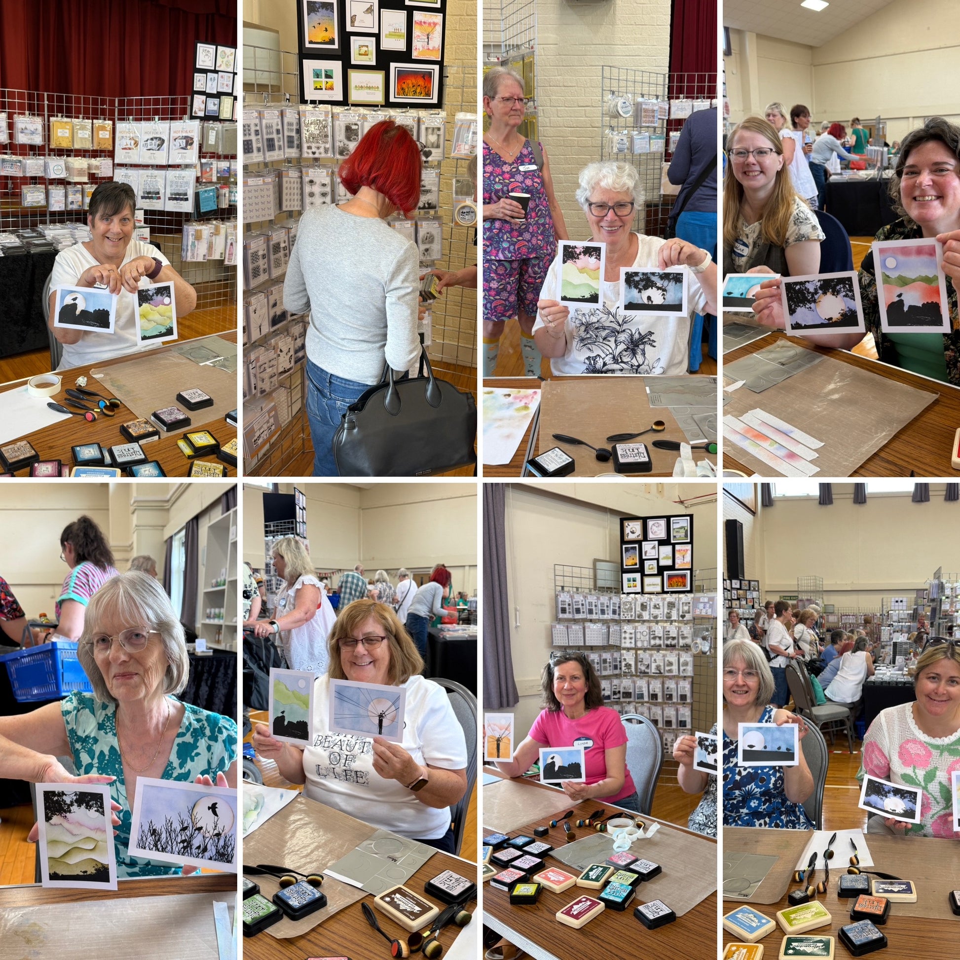 A 3x3 collage of photos showing people in a craft workshop or studio, holding up printed artwork photos and surrounded by ink pads, paper, and display boards.