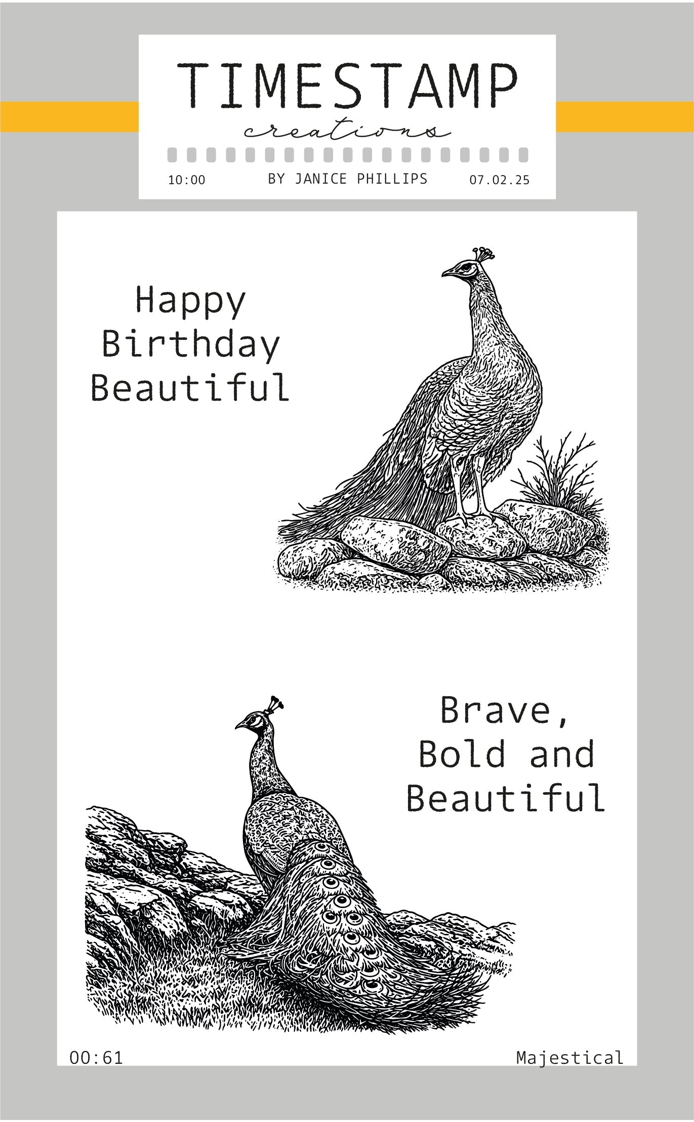 Card with peacock illustrations and text on a gray background
