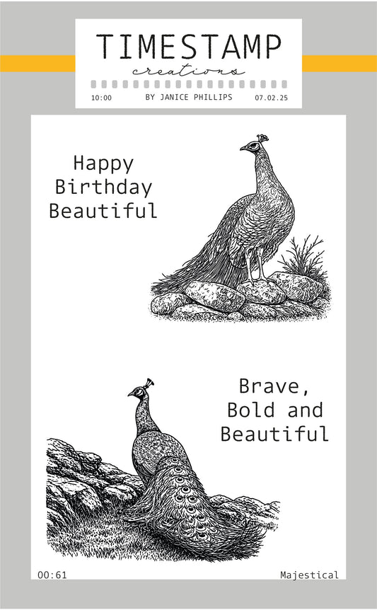 Card with peacock illustrations and text on a gray background