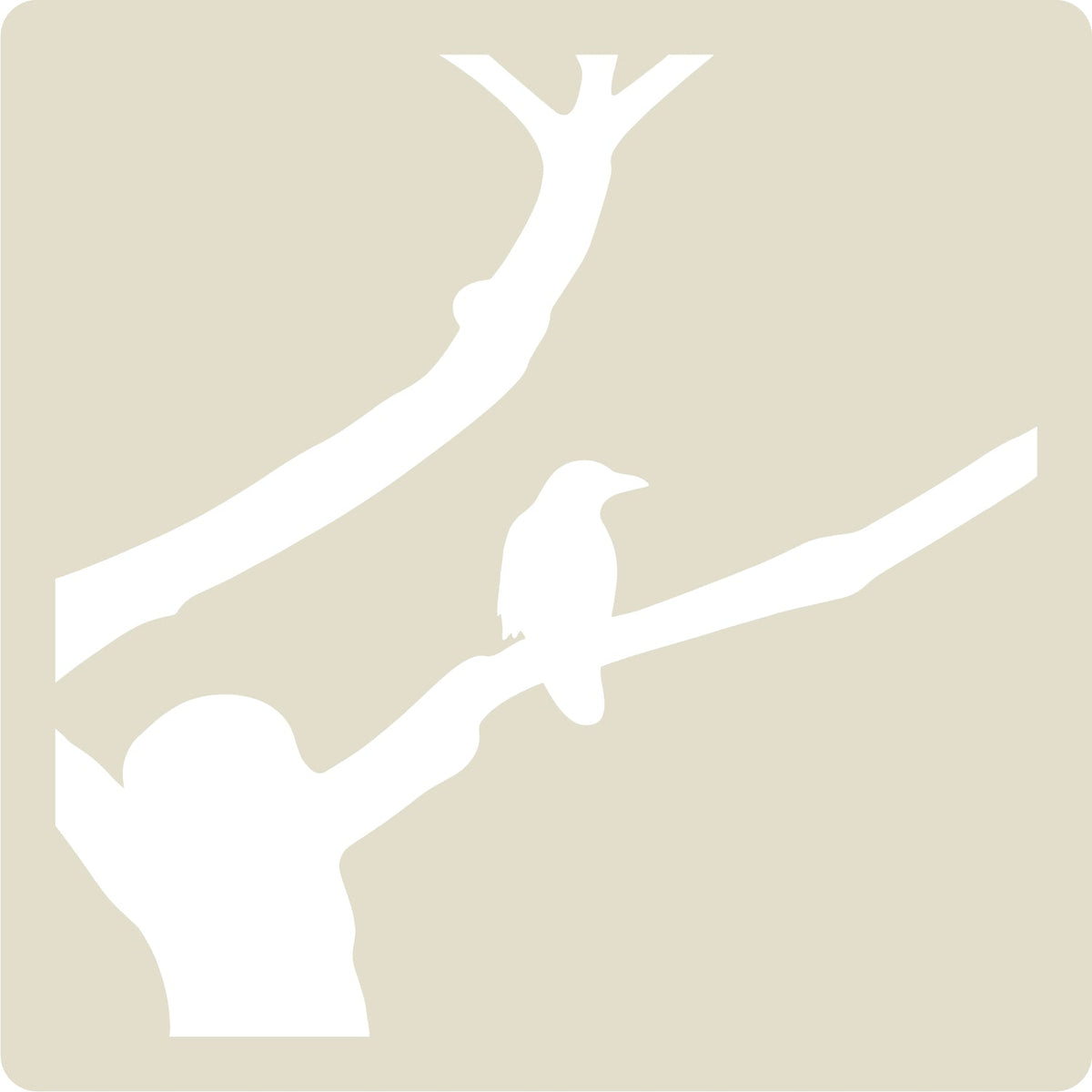 White silhouette of a crow perched on a tree branch against a warm beige background.