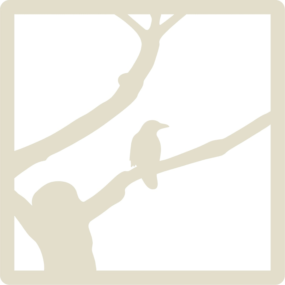 Beige silhouette of a crow perched on tree branches against a white background.
