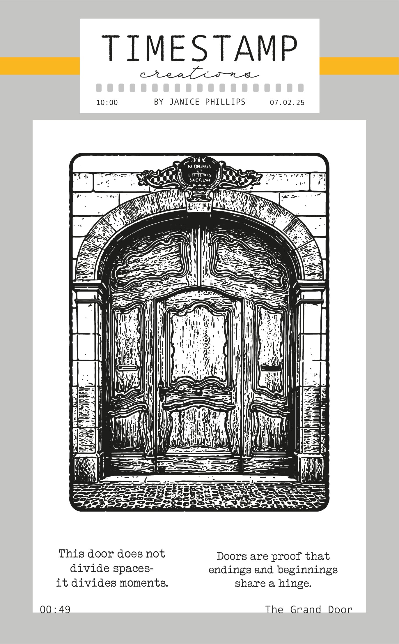 Illustration of a grand door with text on a light gray background