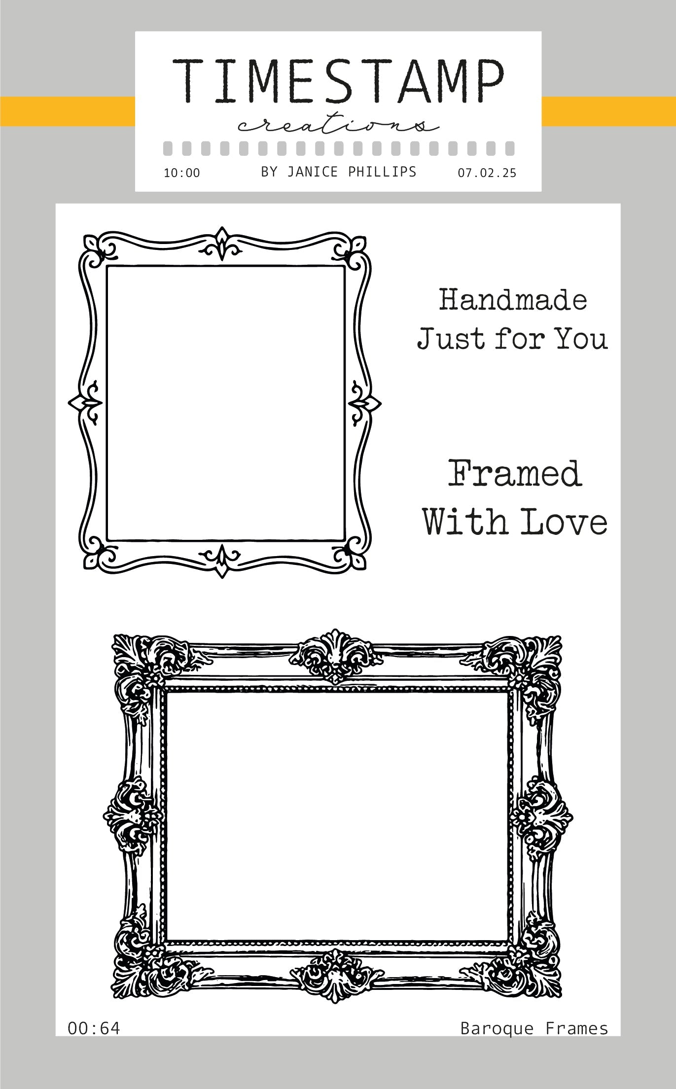 Two baroque-style frames with text 'Handmade Just for You, Framed With Love' on a gray background.