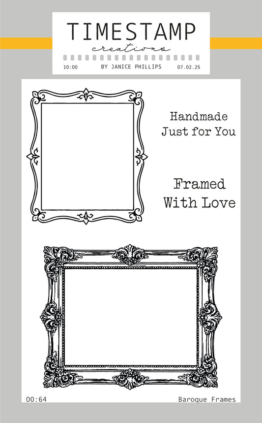 Two baroque-style frames with text 'Handmade Just for You, Framed With Love' on a gray background.