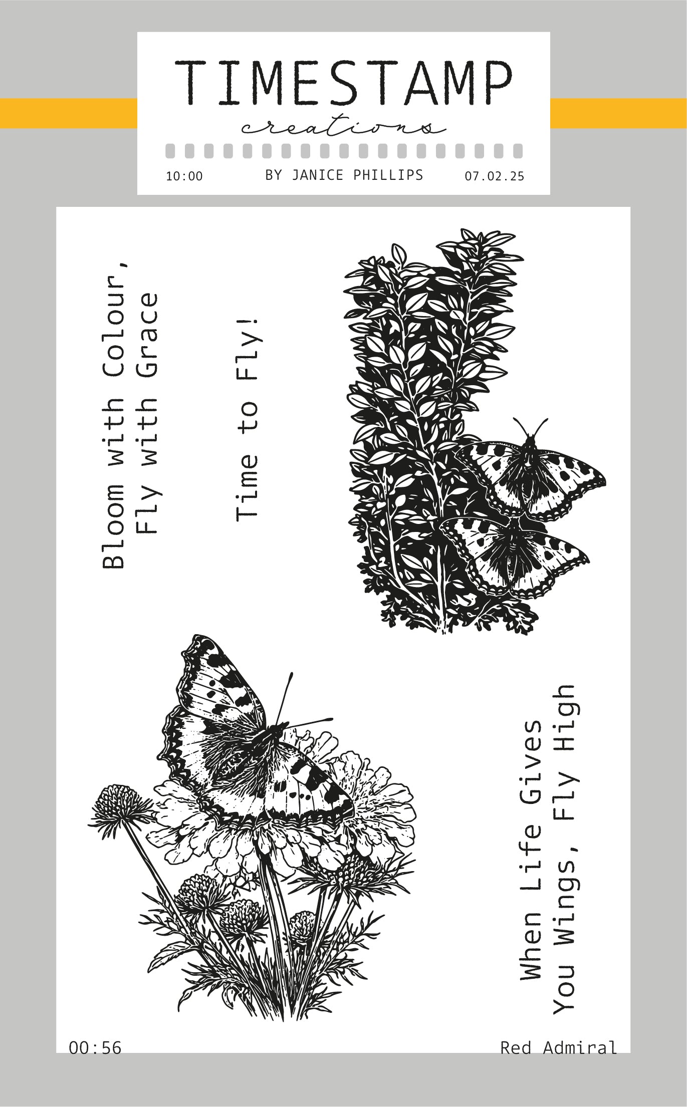 Butterfly and floral design with motivational phrases on a light gray background