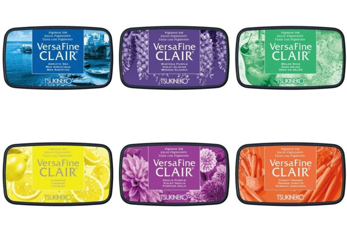 Set of VersaFine Clair ink pads in various colors with brand labels.