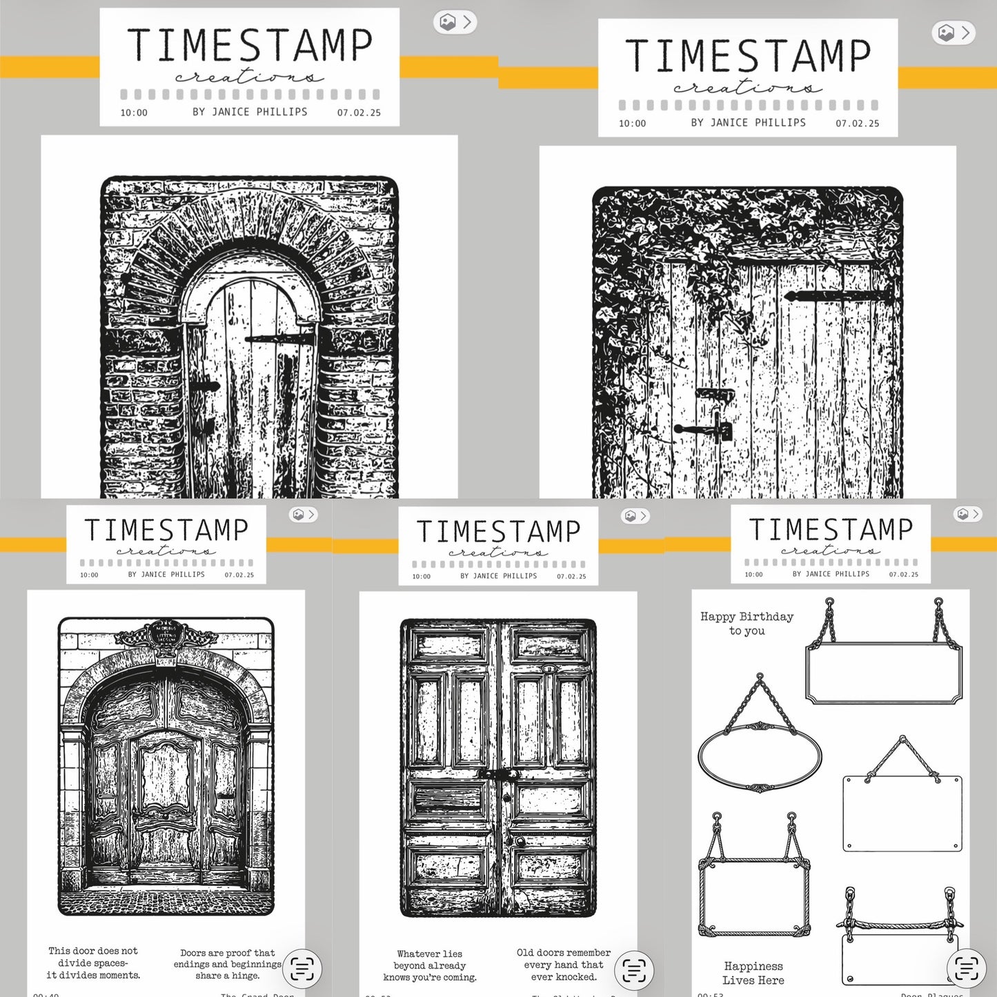 Set of door-themed rubber stamps with 'Timestamp Creations' branding on a gray background.