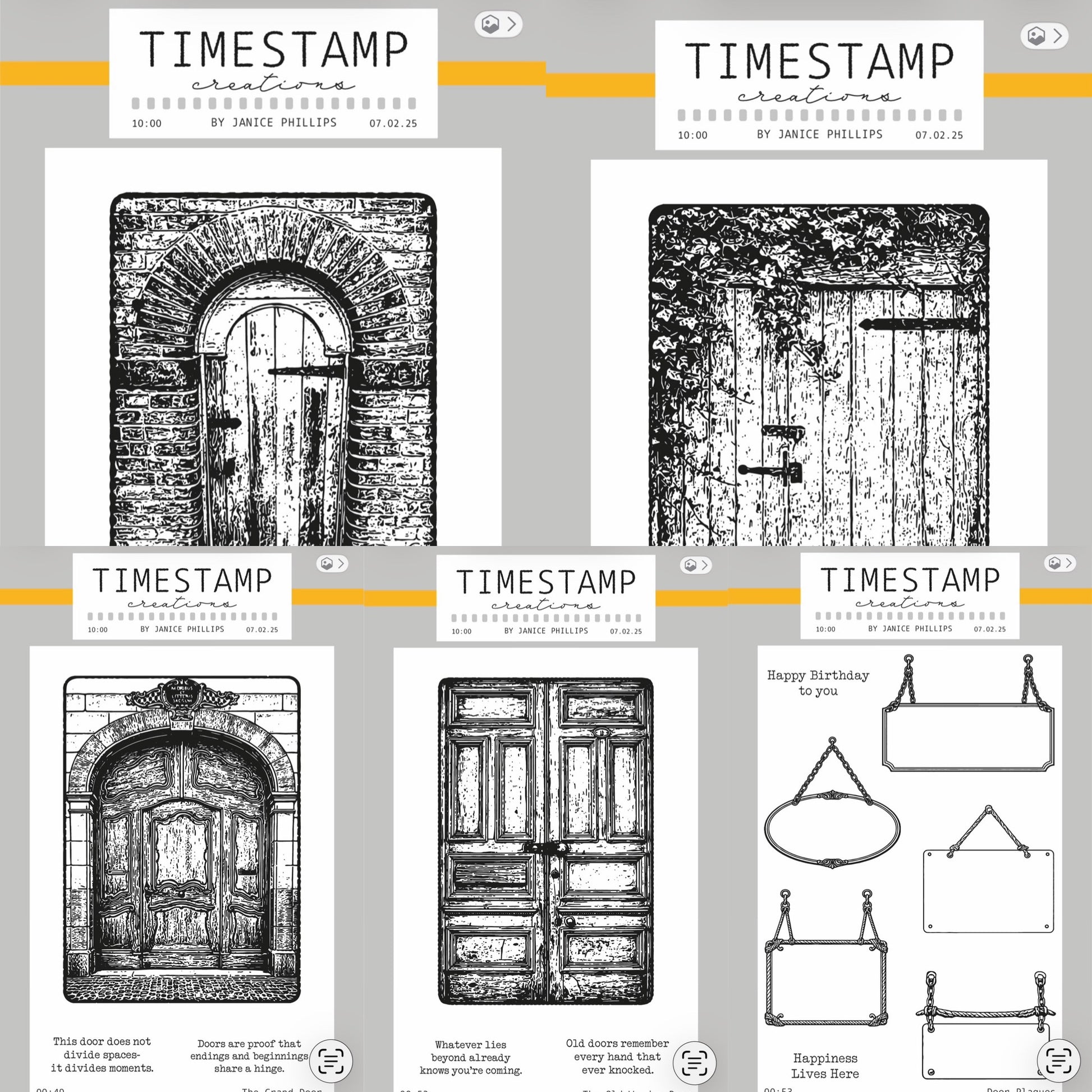 Set of door-themed rubber stamps with 'Timestamp Creations' branding on a gray background.