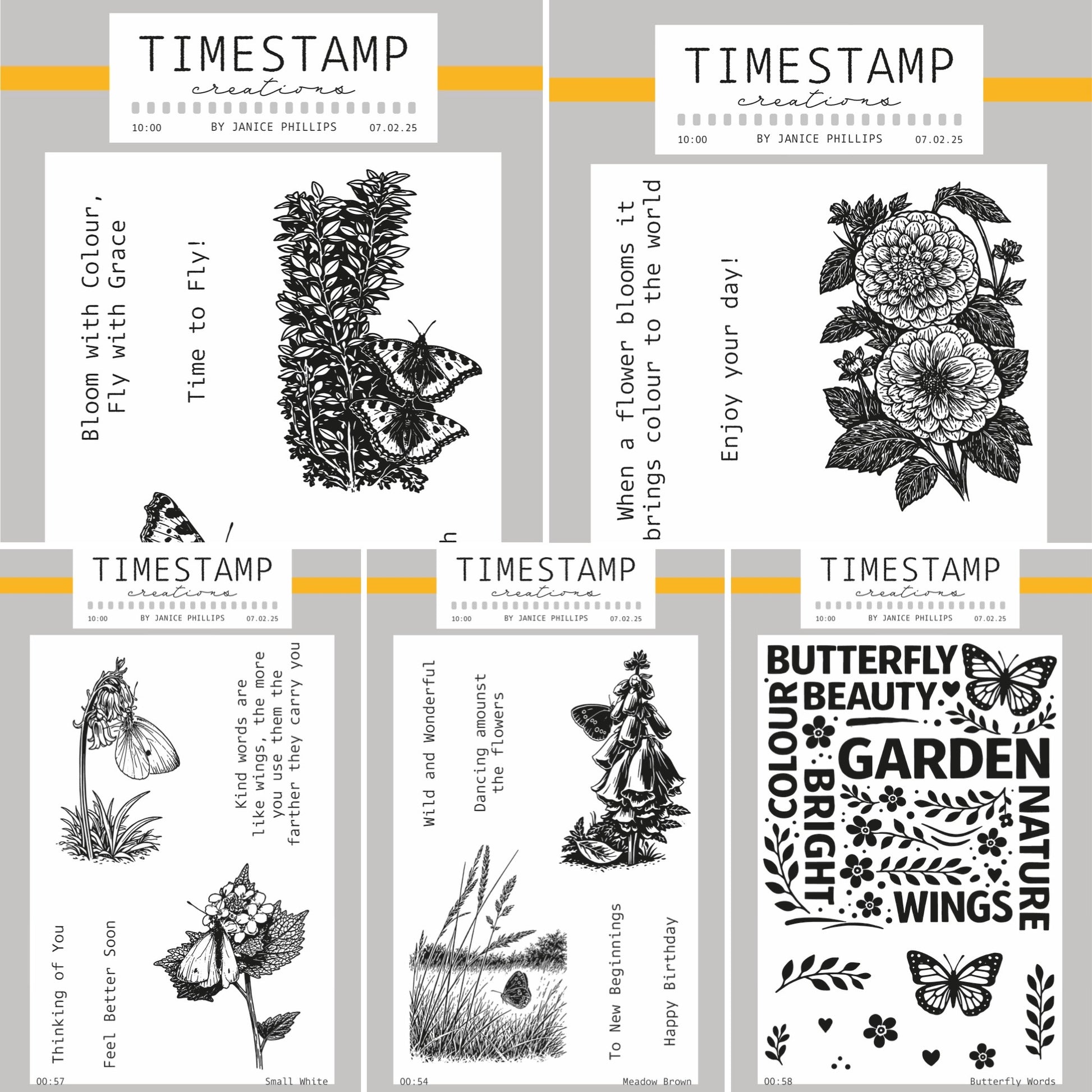 Set of clear stamps with floral and butterfly designs on a gray background.