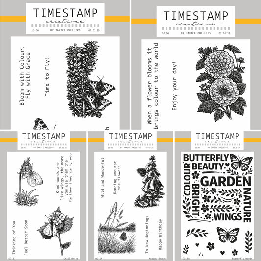 Set of clear stamps with floral and butterfly designs on a gray background.