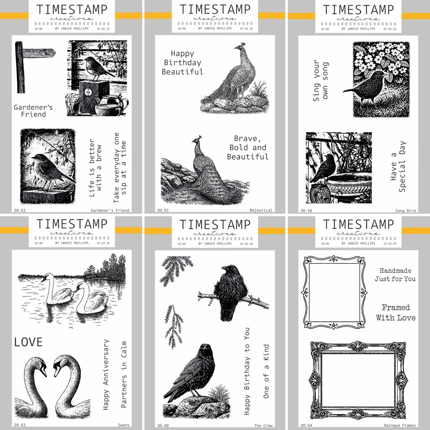Collection of black and white rubber stamps with various designs and text on a gray background.
