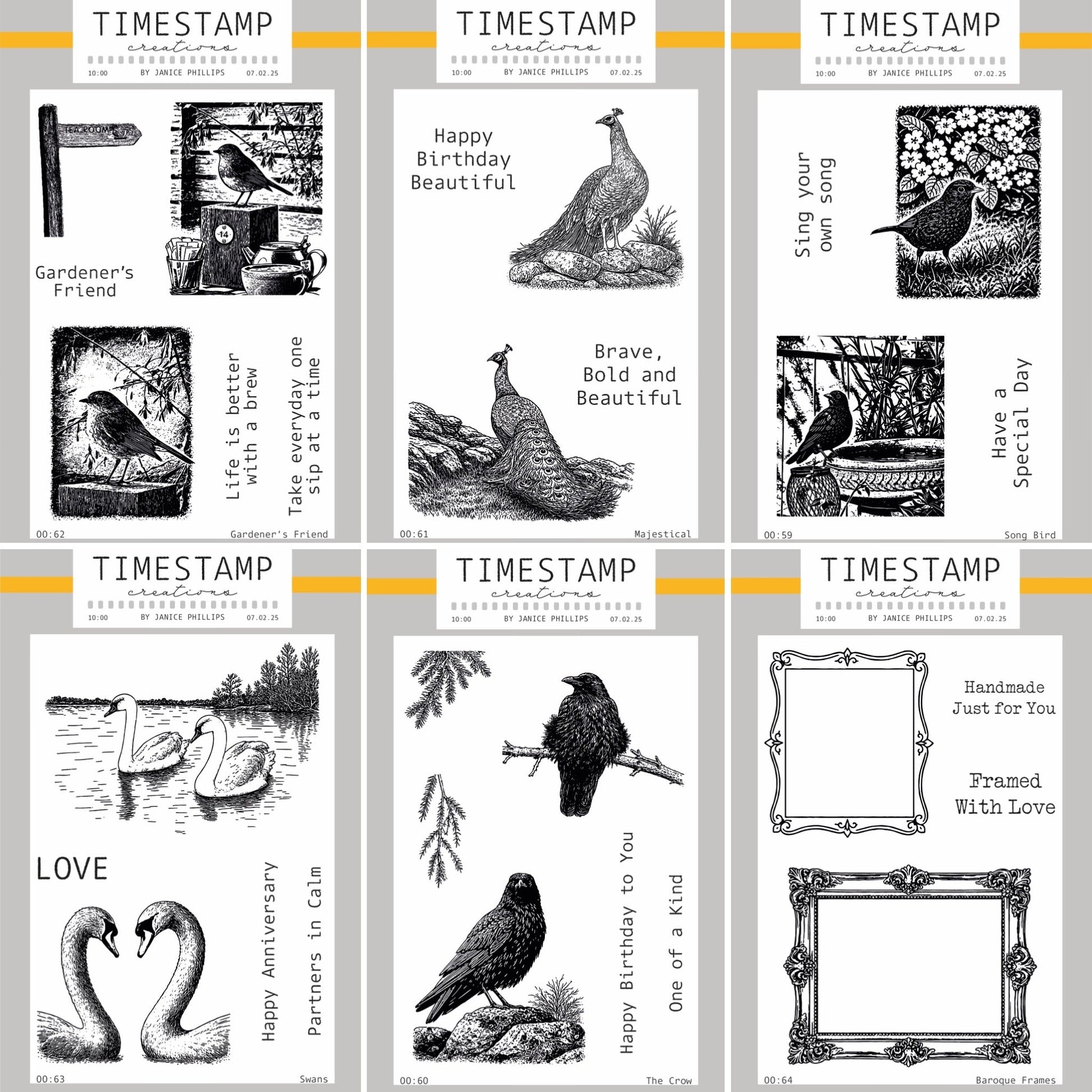 Collection of black and white rubber stamps with various designs and text on a gray background.