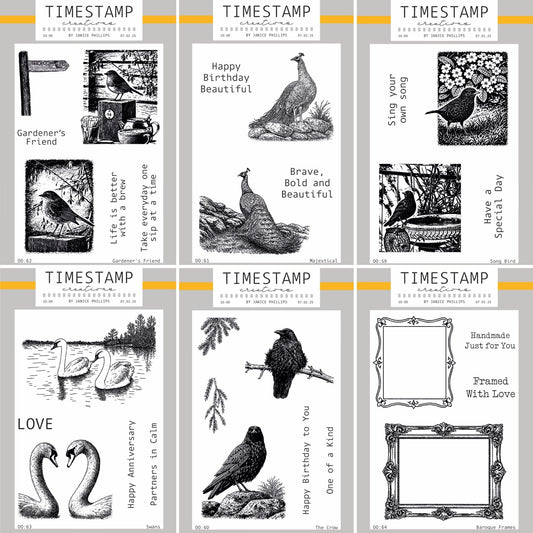 Collection of black and white rubber stamps with various designs and text on a gray background.