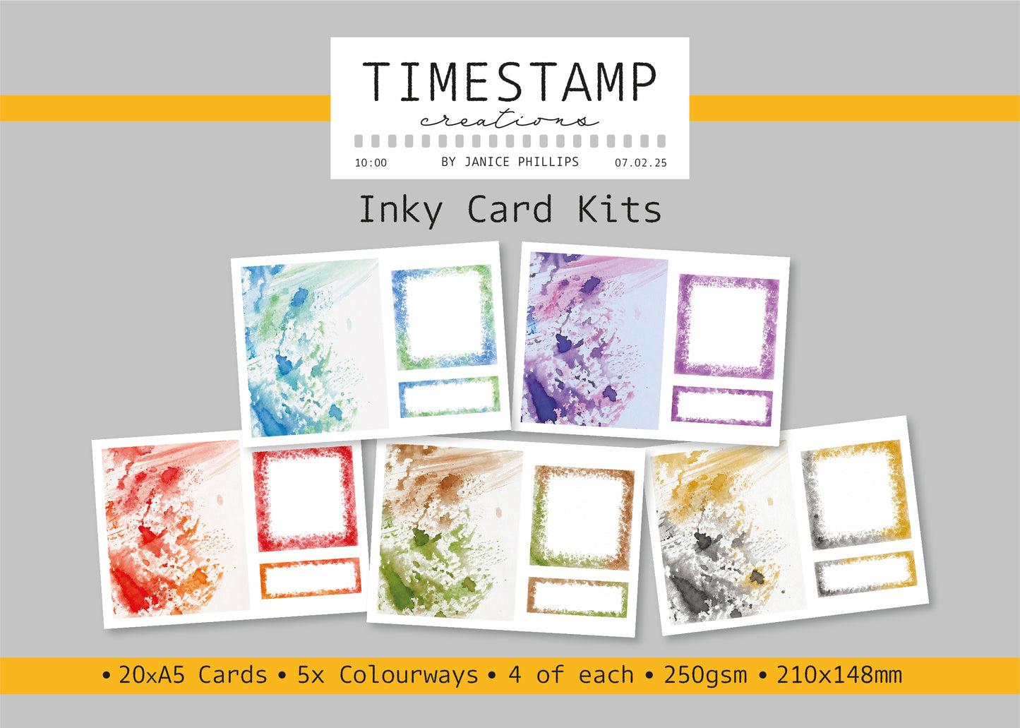 Inky card kits with colorful designs on a gray background, featuring 'Timestamp Creations' branding.