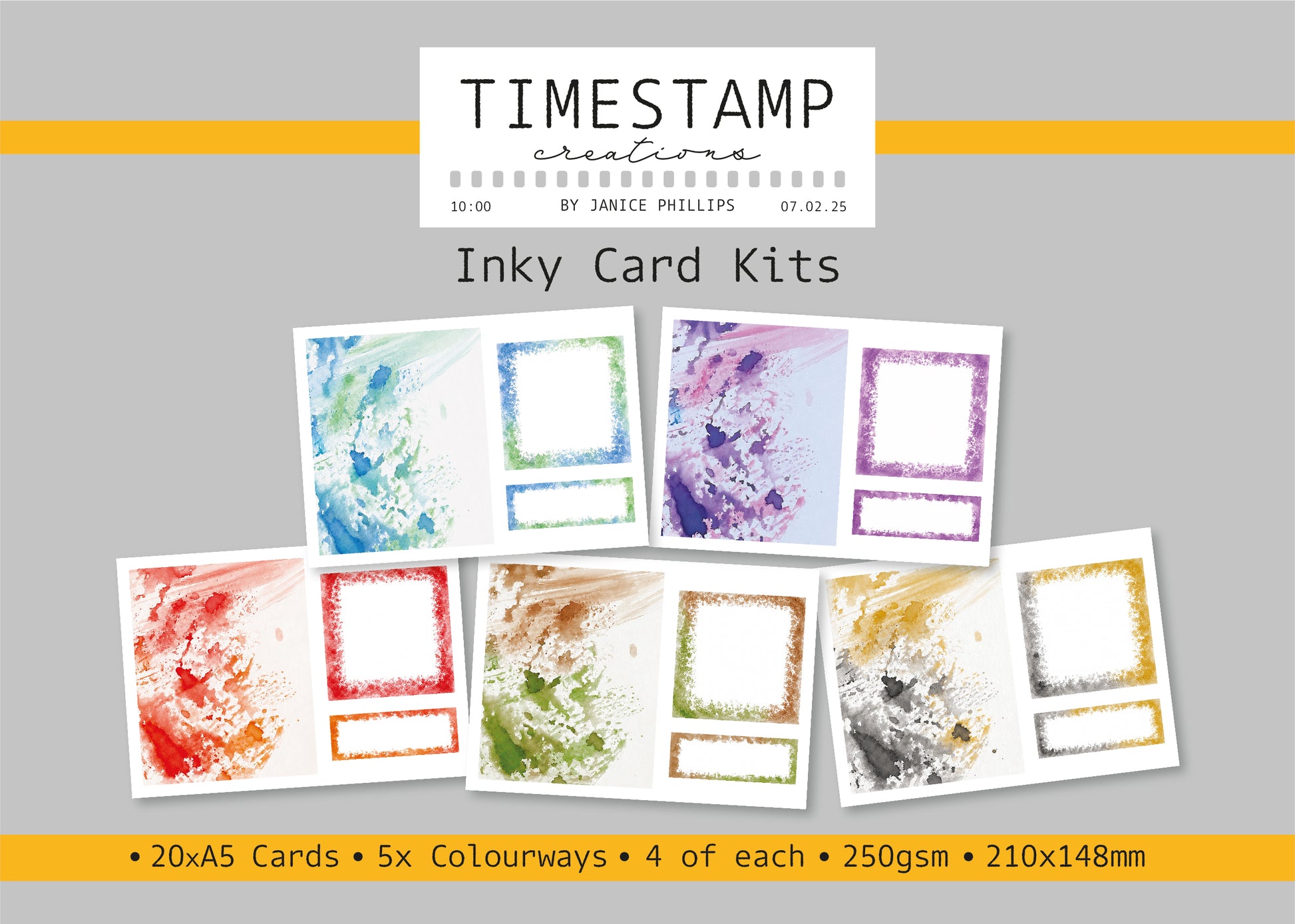 Inky card kits with colorful designs on a gray background, featuring 'Timestamp Creations' branding.