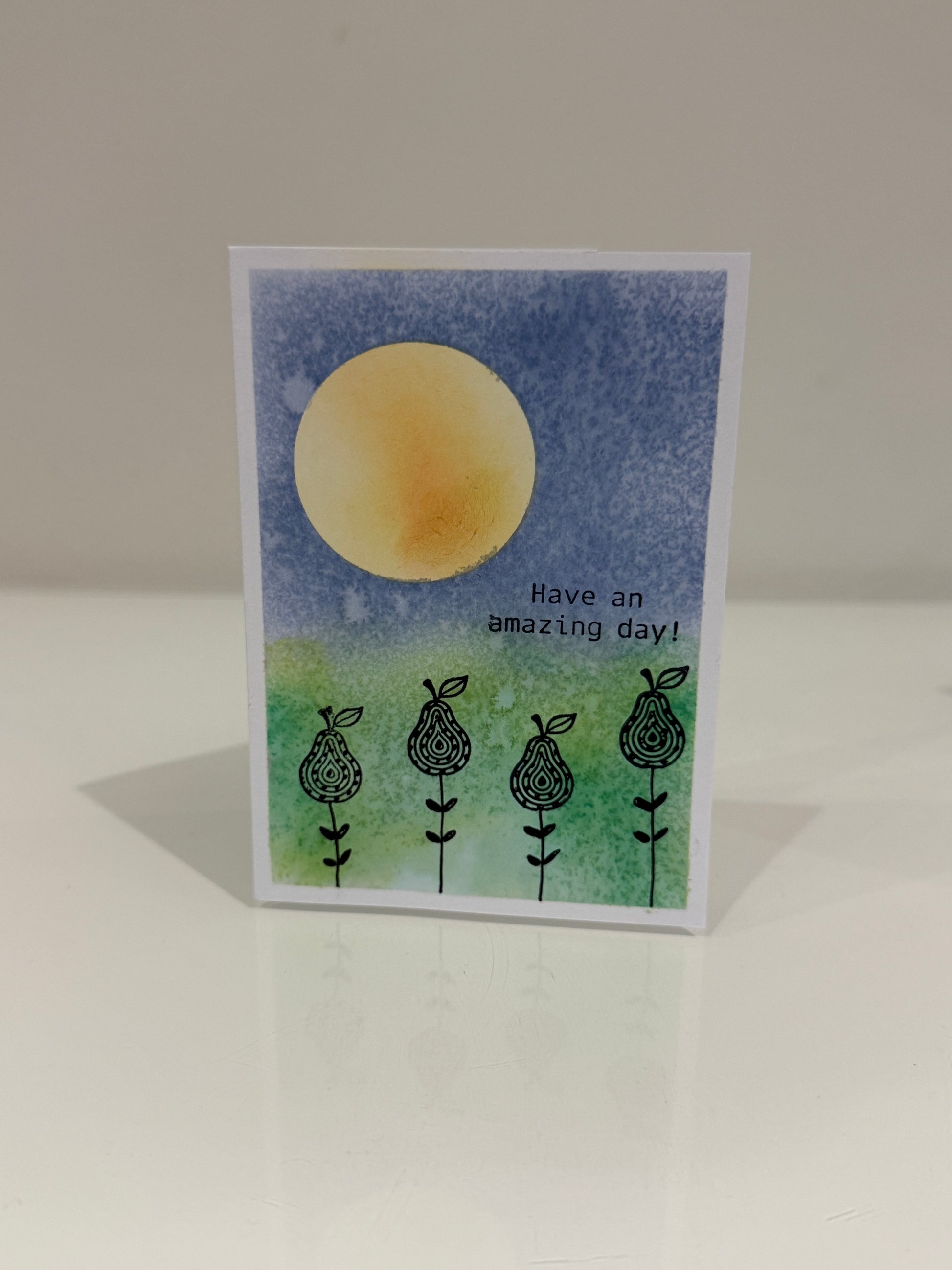 Card showing a sun and Pears on stems with a sentiment