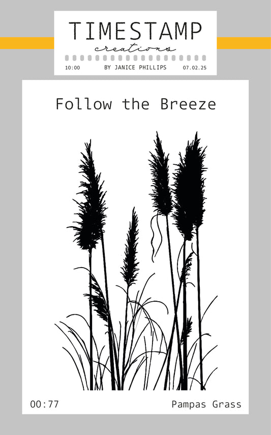 Stamp design preview for 'Follow the Breeze' by Timestamp Creations, featuring black pampas grass silhouettes on a white background with a gray border and orange header accents.