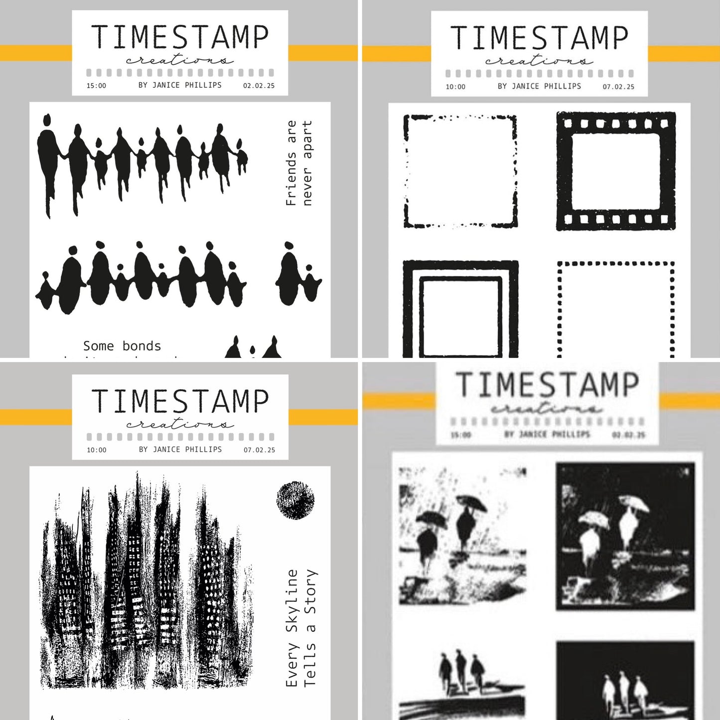 Four square product panels showing different black-and-white stamp designs and text layouts under the brand name TIMESTAMP creative by Janez Phillips. The designs include silhouetted figures, frame outlines, textured brush-like marks, and black-and-white scene collages.