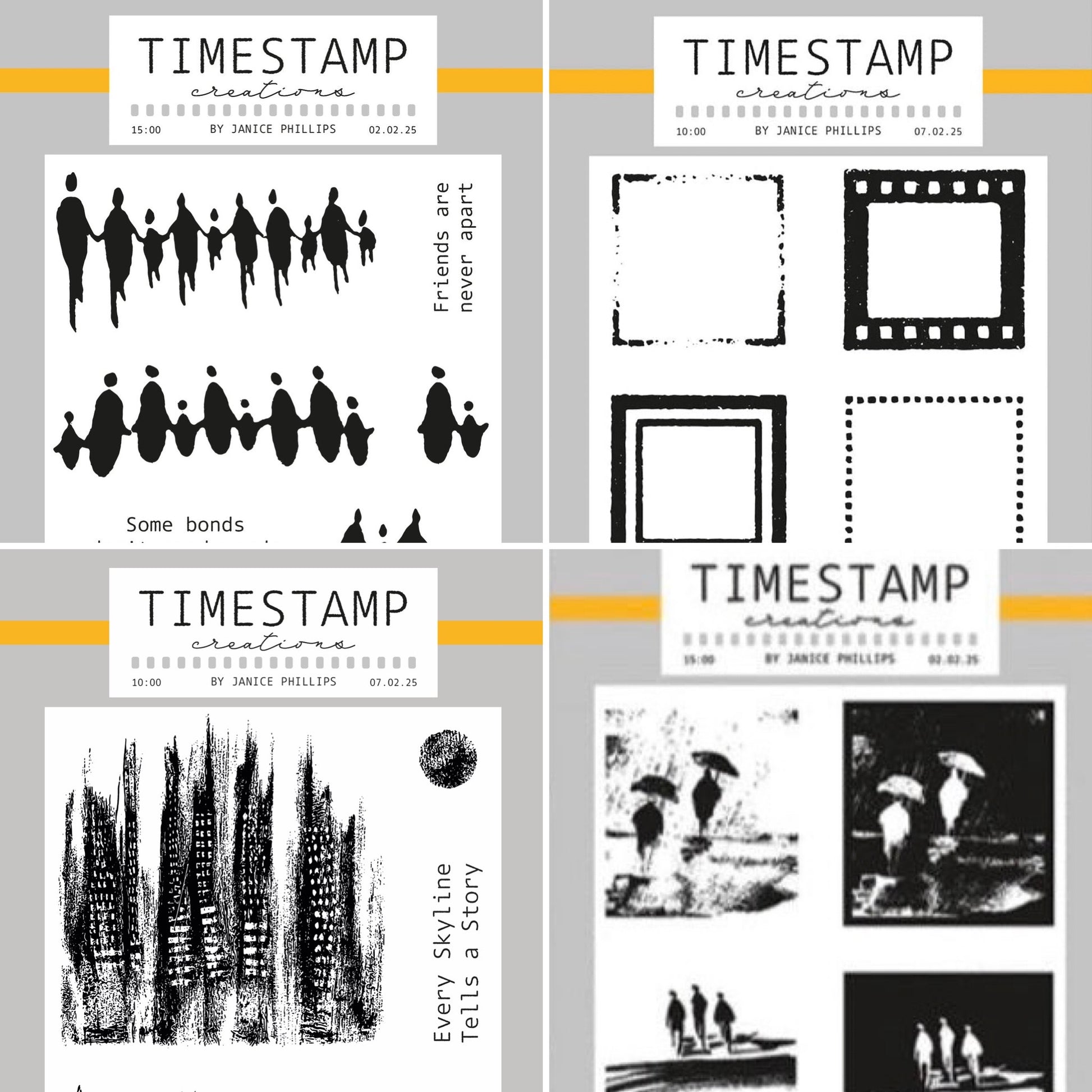 Four square product panels showing different black-and-white stamp designs and text layouts under the brand name TIMESTAMP creative by Janez Phillips. The designs include silhouetted figures, frame outlines, textured brush-like marks, and black-and-white scene collages.