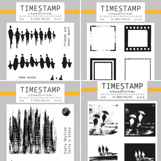 Four square product panels showing different black-and-white stamp designs and text layouts under the brand name TIMESTAMP creative by Janez Phillips. The designs include silhouetted figures, frame outlines, textured brush-like marks, and black-and-white scene collages.