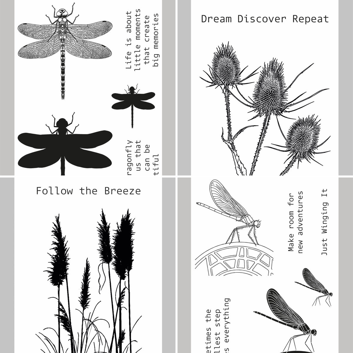 A set of six clear stamp designs featuring black and white illustrations of dragonflies, thistles, reeds, and inspirational text, arranged in a 2x3 grid on a light gray background.