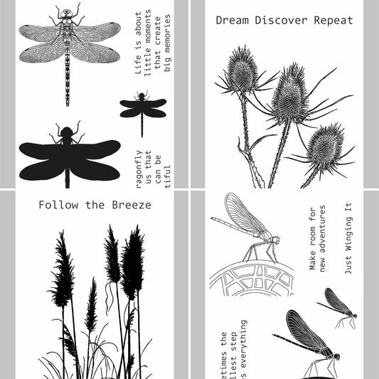 A set of six clear stamp designs featuring black and white illustrations of dragonflies, thistles, reeds, and inspirational text, arranged in a 2x3 grid on a light gray background.