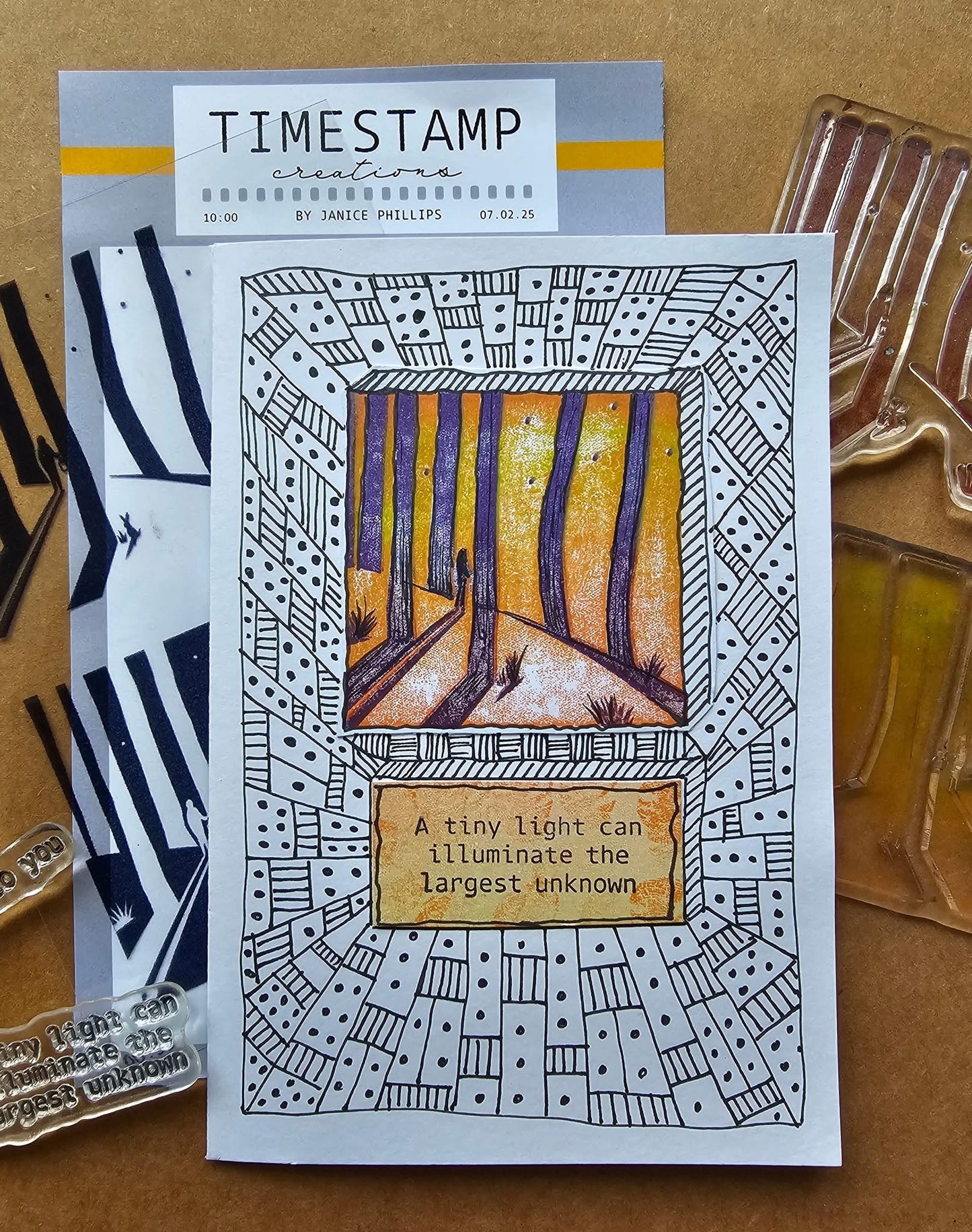 Image showing hand made card with image of woods and a man and hare