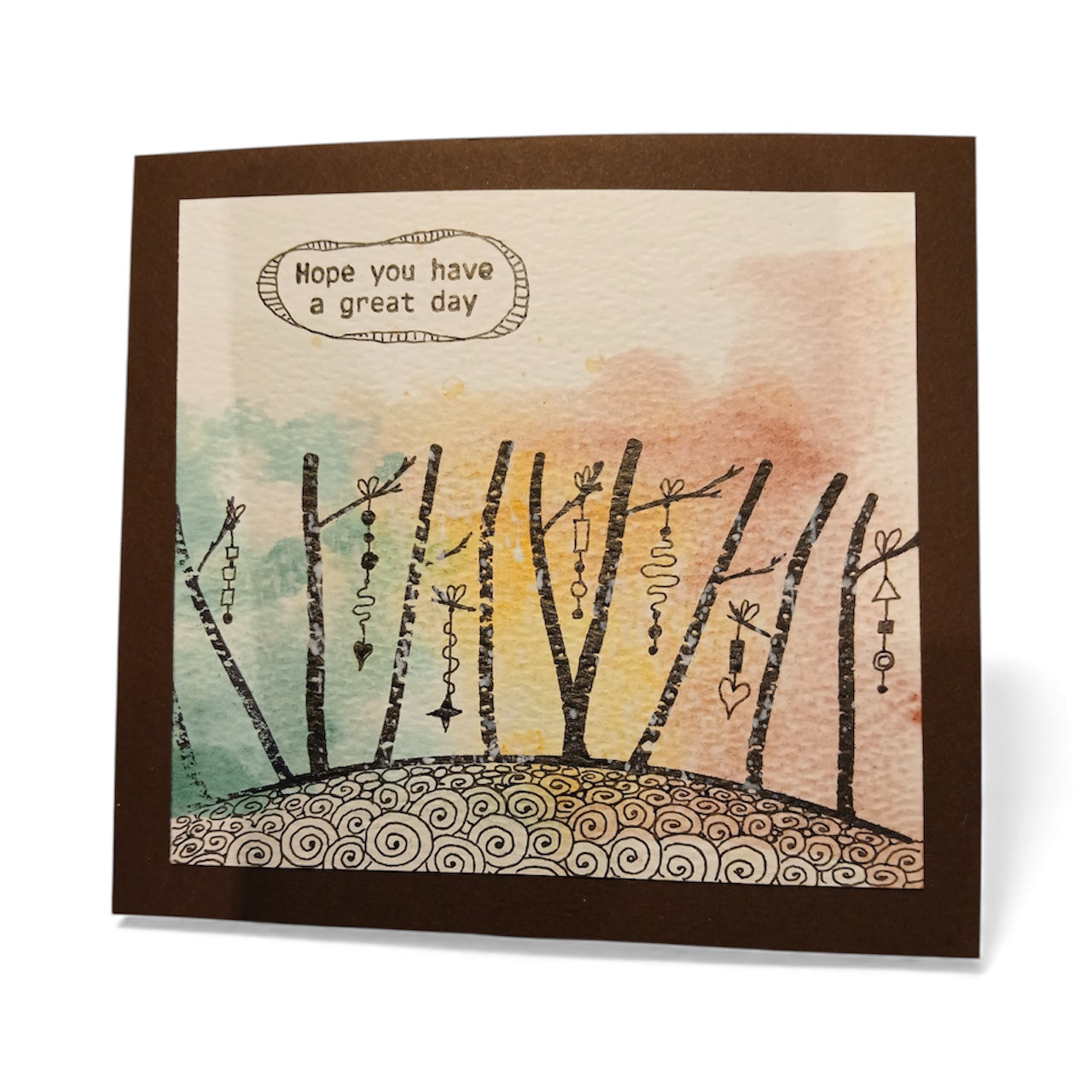 illustration showing decorated trees and text